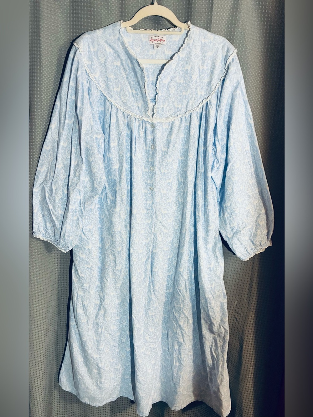 Lanz of Salzburg Flannel Nightgown Dress 1X Pajama Novelty Deer Print Blue Lace